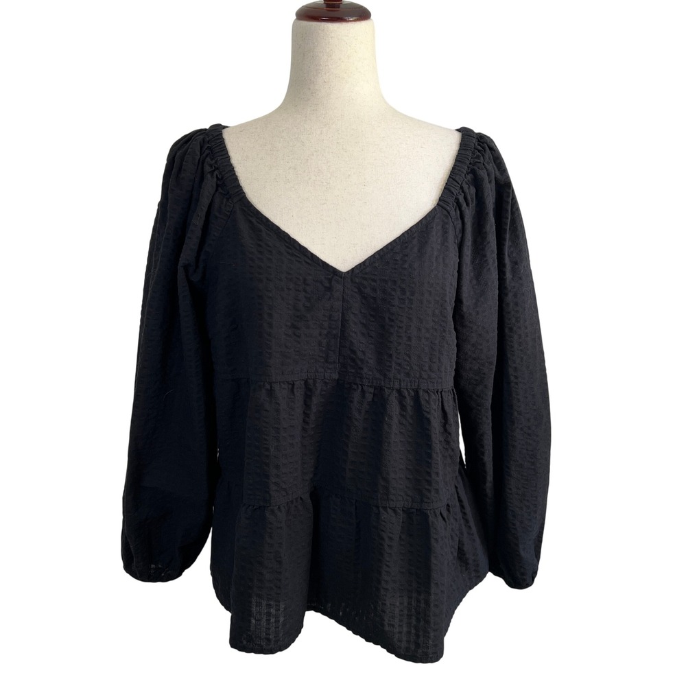 Old Navy Black Tiered Peasant Blouse Puff Sleeve Cottagecore Top Boho Size L